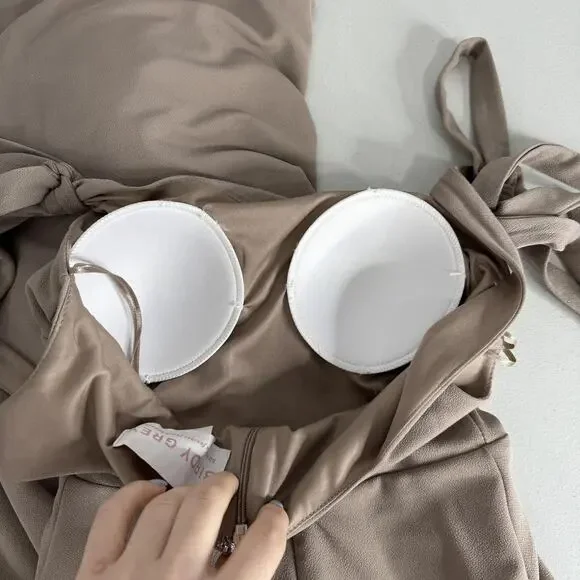 Birdy Grey Alex Crepe Maxi Dress Womens XS Taupe Formal Gown Bridesmaid Bow Tie - Picture 8 of 15